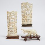 Two Chinese Ivory Landscape Carvings, Together With an Elephant, 中国牙雕山水及象摆件一组三件, tallest height 7.5