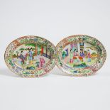 A Pair of Unusual Canton Famille Rose 'Figural' Dishes, Early 19th Century, 十九世纪早期 外销广彩人物纹盘一对, lengt