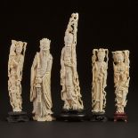 A Group of Five Chinese Carved Ivory Figures, Early to Mid 20th Century, 民国 中国牙雕人物一组五件, tallest incl