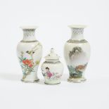 Two Small Grisaille and Enamel Porcelain Vases, Together With a Miniature Lidded Vase, Mid 20th Cent