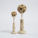 Two Chinese Ivory Puzzle Balls, Early to Mid 20th Century, 民国 牙雕鬼工球一组两件, tallest height 9.6 in — 24.