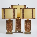 Three 'Albert Gilles' Art Deco/Mid-Century Modern Hammered Copper Lamps with Designs of Chinese Immo