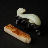 A White and Russet Jade Plume Holder, Together With a White Jade Belt Hook, Qing Dynasty, 19th Cent