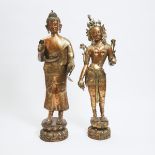 Two Massive Nepalese Brass Standing Figures of Buddha Shakyamuni and Standing Tara, 20th Century, ta