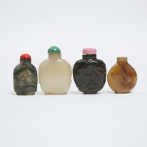 A Group of Four Agate Snuff Bottles, Qing Dynasty, 19th Century, 清 十九世纪 玛瑙烟壶一组四件, height 3 in — 7.5