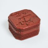 A Carved Cinnabar Lacquer 'Scholar and Boy Under Pine Tree' Box and Cover, Late Qing Dynasty, 19th C