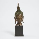 An Ayutthaya Style Bronze Head of Buddha, Laos/Thailand, 18th Century, including stand height 12.8 i