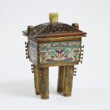 A Cloisonné Enamel Rectangular Censer and Cover, Fangding, Late 19th Century, 十九世纪 铜胎掐丝珐琅兽面高足炉, 12.3