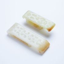 Two White Jade Scabbard Slides, Ming Dynasty, 明 剑璏一组两只, longest length 3.4 in — 8.6 cm (2 Pieces)