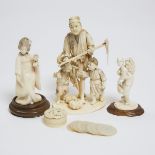 A Group of Three Ivory Okimono, Together With a Box and Counters, Late 19th/Early 20th Century, tall