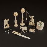 A Group of Eight Small Miscellaneous Ivory Carvings, 20th Century, 二十世纪 牙雕置物一组八件, tallest height 6 i