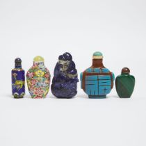 A Group of Five Miscellaneous Snuff Bottles, 19th/20th Century, 晚清/民国 烟壶一组五件, longest length 2.8 in