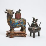 An Archaistic Enameled Bronze Buffalo-Form Vessel, Together With a Tripod Censer, Republican Period,