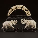 A Pair of Ivory Figures of Elephants, Together With a Tusk-Form Procession, Early to Mid 20th Centur