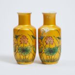 A Pair of Famille Rose Gold-Ground Rouleau Vases, Juren Tang Mark, 居仁堂款 黄地粉彩荷花纹纸锤瓶一对, height 7.2 in