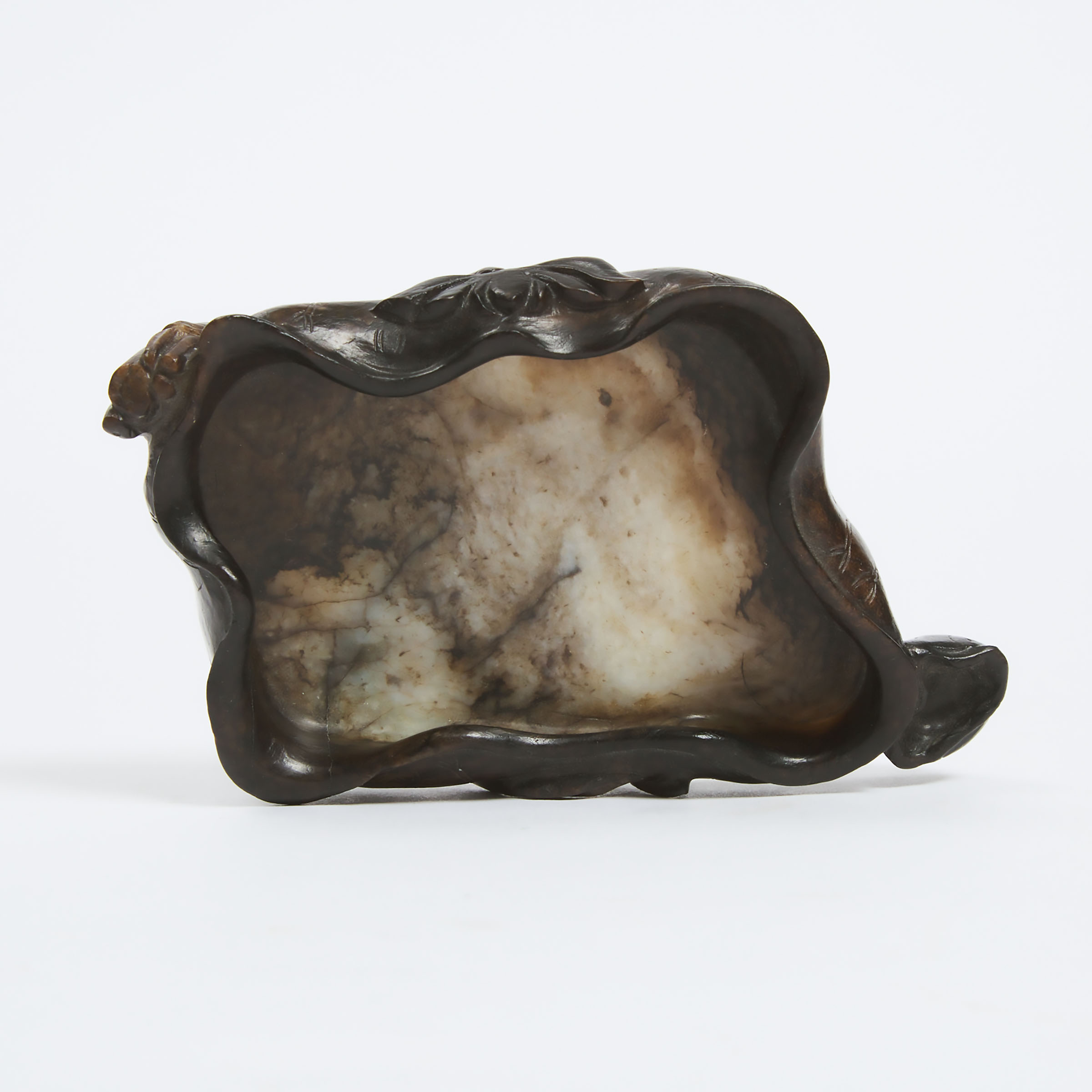 A Black, Beige and Russet Jade 'Lotus' Brush Washer, Ming Dynasty, 明 白玉提油荷叶形水洗, length 5.5 in — 13.9 - Image 5 of 5