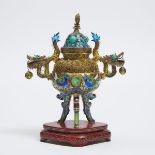 A Cloisonné Tripod Censer and Cover With Jadeite and Turquoise Inlays, Mid 20th Century, 建国初期 铜胎掐丝珐琅