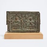 A Pala Style Bronze Plaque Inlaid with Gold Wire, India, 9th Century or Later, plaque 4.1 x 6.6 in —