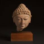 A Jain Sandstone Head of a Jina, Central India, 10th Century, with stand height 9.8 in — 25 cm