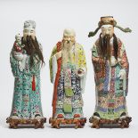 A Set of Three Large Famille Rose 'Fu Lu Shou' Figures, Late Qing Dynasty, 19th Century, 清 十九世纪 粉彩'福