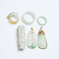 A Group of Six White Jade and Jadeite Jewellery, 19th/20th Century, 晚清/民国 白玉及翡翠珠宝一组六件, largest lengt