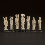 A Group of Seven Small Chinese Carved Ivory Figures, 20th Century, 二十世纪 牙雕人物摆件一组七件, tallest includin