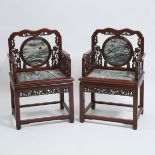 A Pair of Chinese Marble-Inset Rosewood Chairs, Mid 20th Century, 建国初期 花梨嵌大理石靠背太师椅一对, 38 x 24.8 x 18