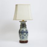 A Blue and White Celadon Ground Vase Lamp, 19th Century, 清 十九世纪 豆青地青花瓶后制成灯, overall height 32.9 in —