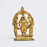 A Small Gilt Bronze Shrine of Vishnu and Consorts, India, 9th Century or Later, height 3.5 in — 8.9