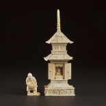 An Ivory Okimono of a Buddhist Shrine, Together With a Fruit Vendor, Meiji Period, shrine height 10.