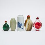 A Group of Five Snuff Bottles, 19th Century and Later, 十九世纪及更晚 各料烟壶一组五件, largest height 3 in — 7.5 c