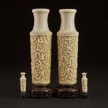 A Pair of Carved Ivory 'Dragon' Vases, Together With a Pair of Miniature Vases, Early to Mid 20th Ce
