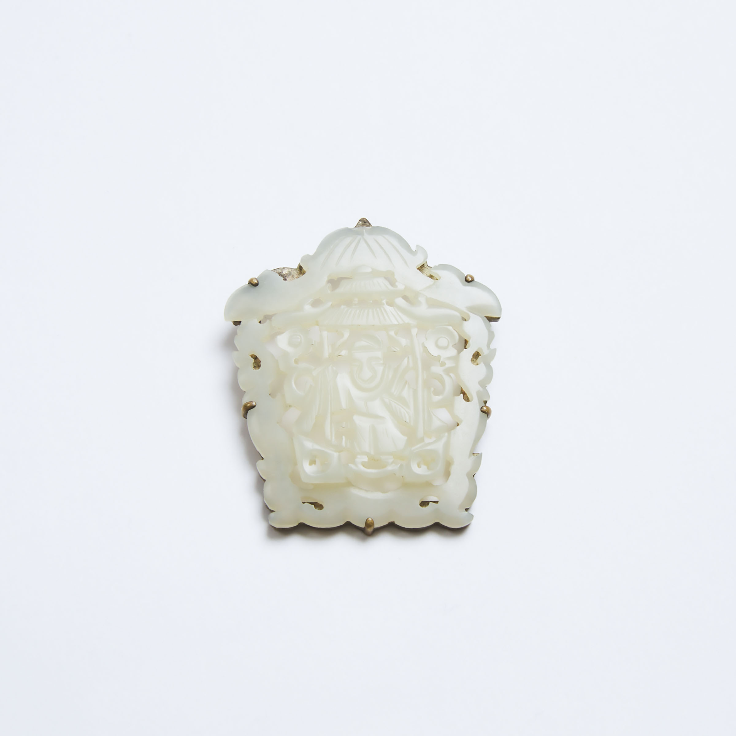 A White Jade 'Zhuangyuan' Motif Silver-Mounted Pendant, 19th Century, 清 十九世纪 白玉雕'状元楼'佩, length 1.7 i