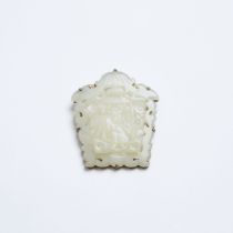 A White Jade 'Zhuangyuan' Motif Silver-Mounted Pendant, 19th Century, 清 十九世纪 白玉雕'状元楼'佩, length 1.7 i