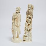 Two Ivory Okimono of a Fisherman and an Immortal, Early to Mid 20th Century, tallest height 11 in —