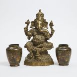 A Large Indian Bronze Figure of Ganesh, Together With a Pair of Persian Painted Copper Vessels, 19th