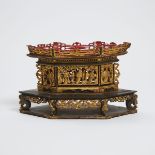 A Chinese Gilt and Black Lacquered 'Chanab' Offering Box and Cover, 19th Century, 清 十九世纪 鎏金黑漆镂雕盖盒, o