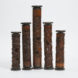 A Group of Five Carved Bamboo Incense Holders, Mid to Late 20th Century, 民国 竹雕香筒一组五件, tallest height