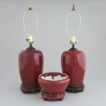 A Pair of Flambé Glazed Vase Lamps, Together With a Jardinière, 19th Century, 十九世纪 窑变釉罐一对及红釉小缸一组共三件,