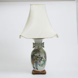 An Enameled 'Figures and Calligraphy' Baluster Vase Lamp, Republican Period, 民国 仕女诗文彩瓷瓶后制成灯, overall