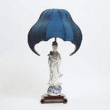 A Blue and White Porcelain Figure of Guanyin Mounted as a Lamp, 20th Century, 二十世纪 青花观音瓷塑后制成灯, overa