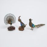 A Group of Three Gilt Silver Filigree Birds of Paradise and Peacock, Mid 20th Century, 建国初期 银镀金掐丝珐琅极