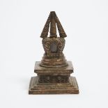 A Mongolian Gilt Bronze Stupa, 19th Century, 6.4 x 4 x 4 in — 16.2 x 10.2 x 10.2 cm