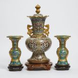 A Pair of Cloisonné Enamel Gu-Form Vases, Together With a Large Cloisonné Enamel Vase and Cover, Mid