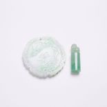 A Carved 'Lavender and Green' Jadeite Floral Plaque, Together With a Jadeite 'Lion' Seal, Qing Dynas