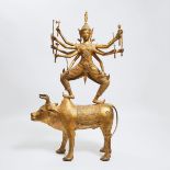 A Massive Gold-Painted Bronze Statue of Durga Riding Nandi, Thailand, 19th/20th Century, height 63.8