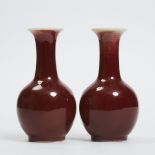 A Pair of Langyao Red Glazed Bottle Vases, Mid 20th Century, 民国晚期 郎窑红釉瓶一对, height 7.7 in — 19.6 cm (