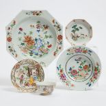 A Chinese Export Famille Rose 'Figural' Cup and Saucer, Together With Three Dishes, 18th/19th Centur