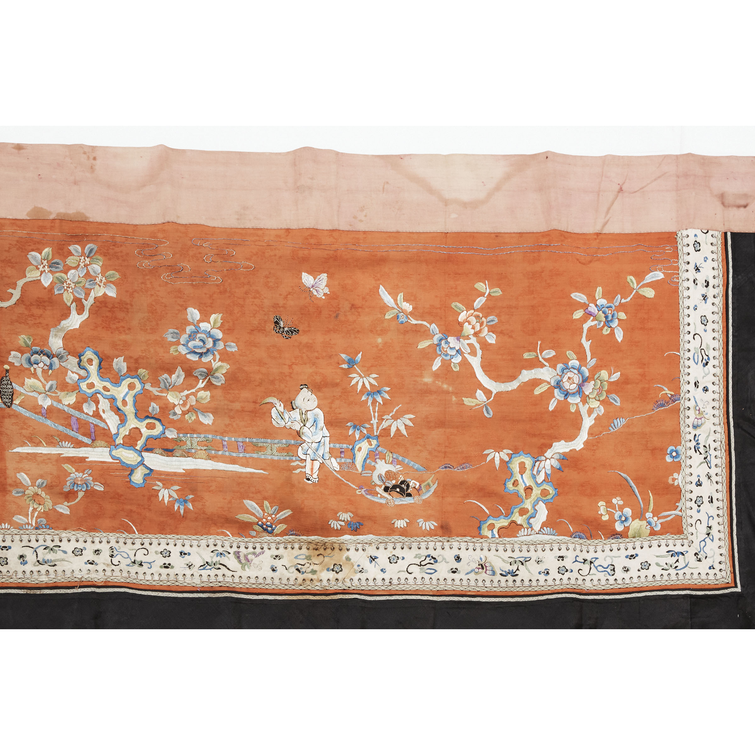 A Chinese Red Ground Embroidered 'Qilin and Boys' Hanging Panel, Qing Dynasty, 19th Century, 清 十九世纪 - Image 2 of 4