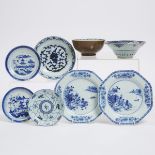 A Group of Eight Chinese Export Blue and White Wares, 17th-19th Century, 明/清 外销青花器一组八件, largest diam